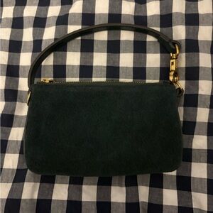 Madewell: Dark Green Women's Suede Wristlet Bag with Gold Hardware